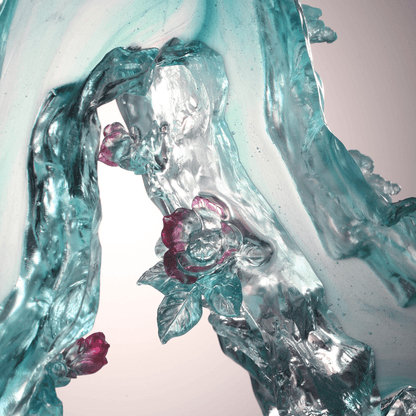 LIULI Crystal, Mountain and Pine Sculpture, Camellia, Tai Chi Series | Evergreen Mountain Spirit