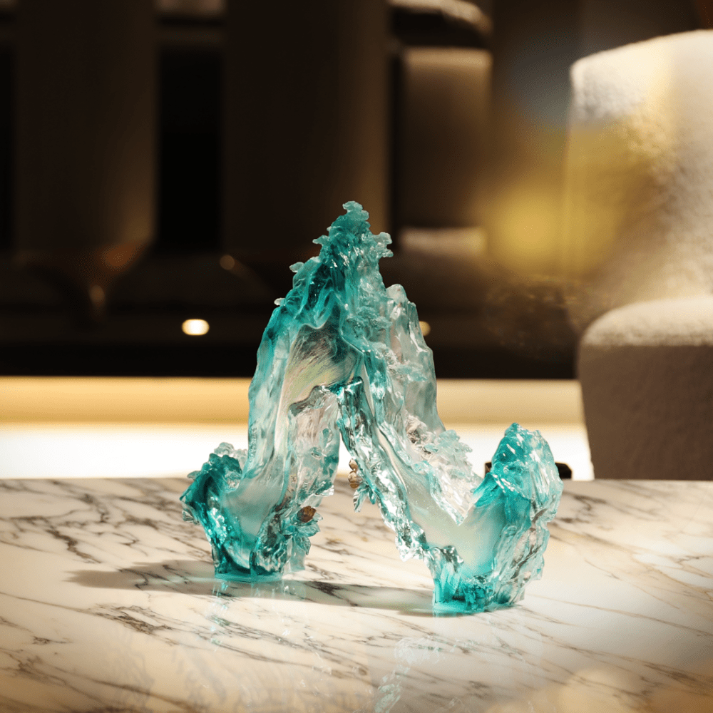 LIULI Crystal, Mountain and Pine Sculpture, Camellia, Tai Chi Series | Evergreen Mountain Spirit