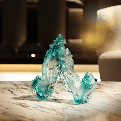 LIULI Crystal, Mountain and Pine Sculpture, Camellia, Tai Chi Series | Evergreen Mountain Spirit