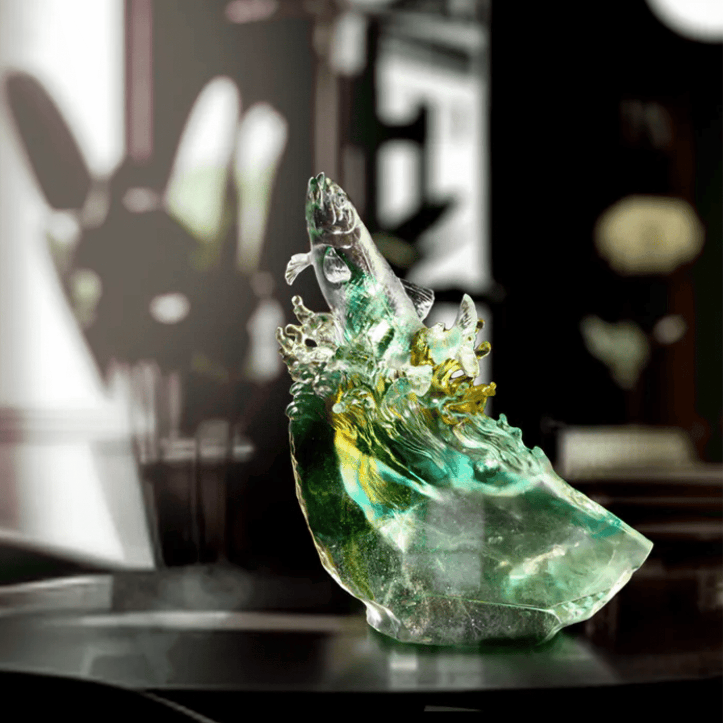 LIULI Crystal, Ocean Wave, Fish Sculpture | Rising From the Glacier (Amber / blue clear)