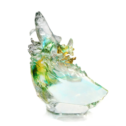 LIULI Crystal, Ocean Wave, Fish Sculpture | Rising From the Glacier (Amber / blue clear)