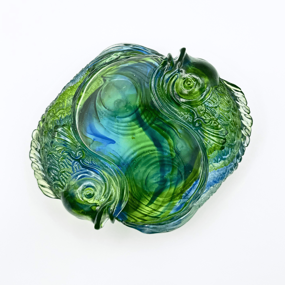 LIULI Crystal Paperweight, Fish Figurine | Rows of Joy (Bluish/ Green Clear)