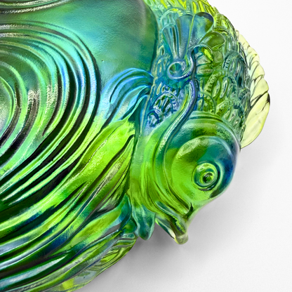 LIULI Crystal Paperweight, Fish Figurine | Rows of Joy (Bluish/ Green Clear)