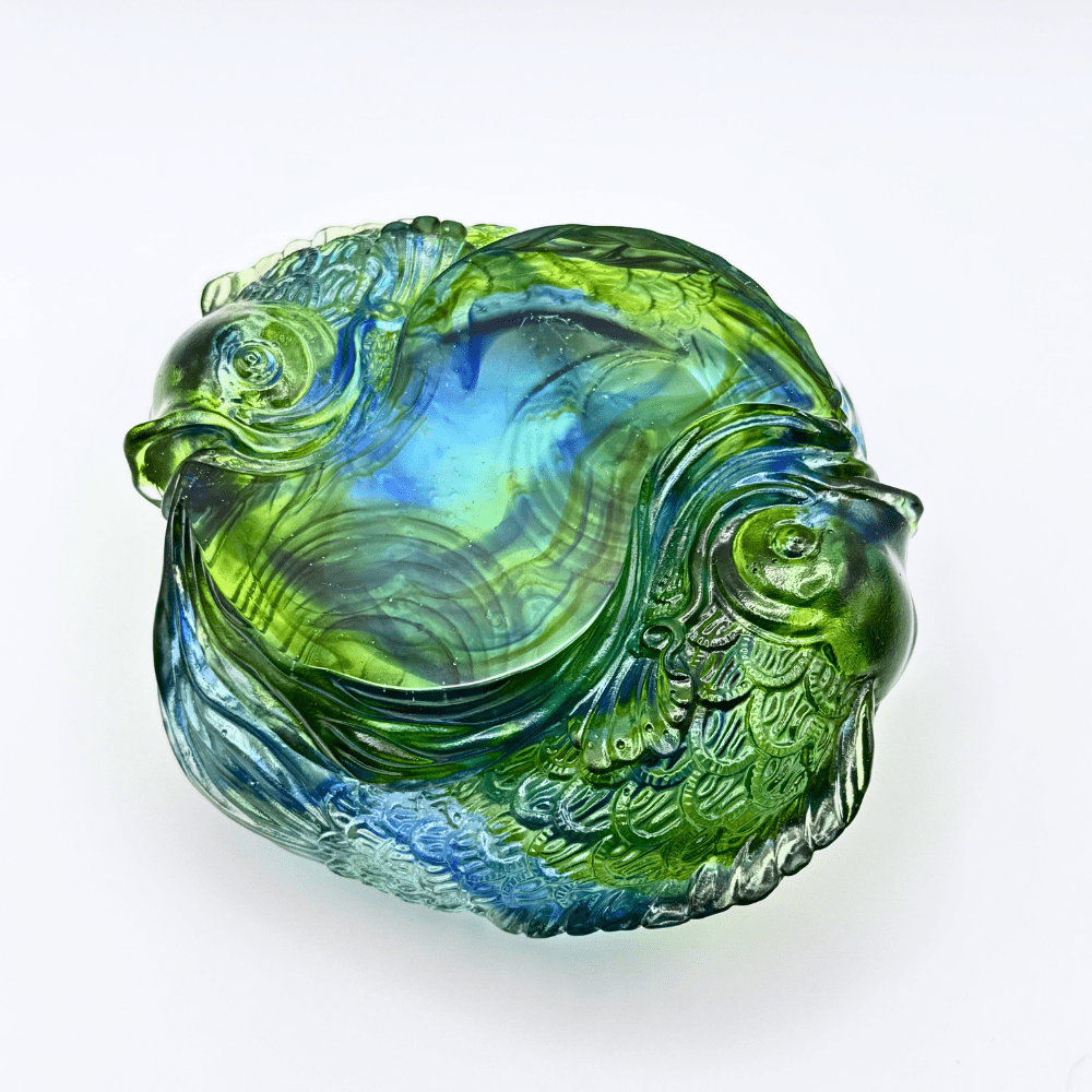 LIULI Crystal Paperweight, Fish Figurine | Rows of Joy (Bluish/ Green Clear)