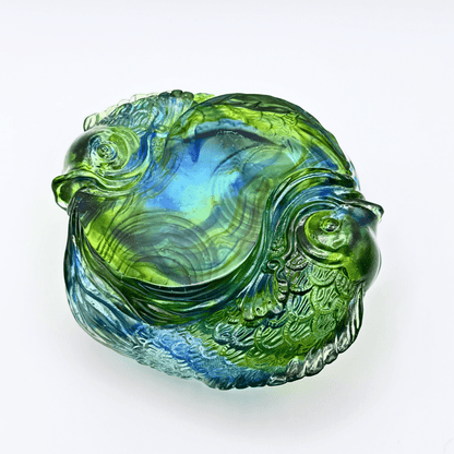 LIULI Crystal Paperweight, Fish Figurine | Rows of Joy (Bluish/ Green Clear)
