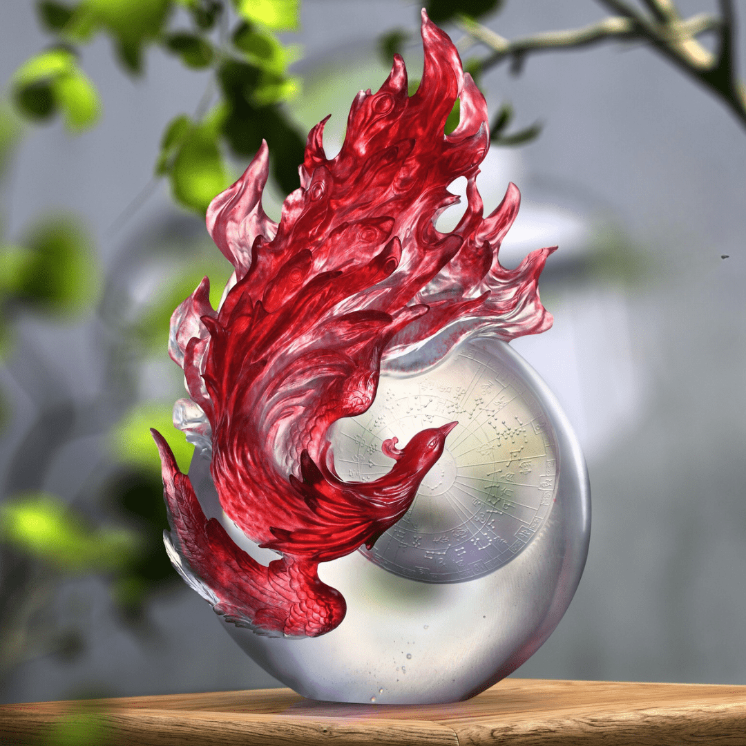 LIULI Crystal Vermillion Bird Mythical Creature Dance of the Phoenix