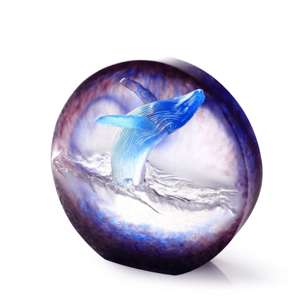 LIULI Crystal Whale Sculpture | Love all Humankind, Honor the Heavens (Royal Purple Clear)