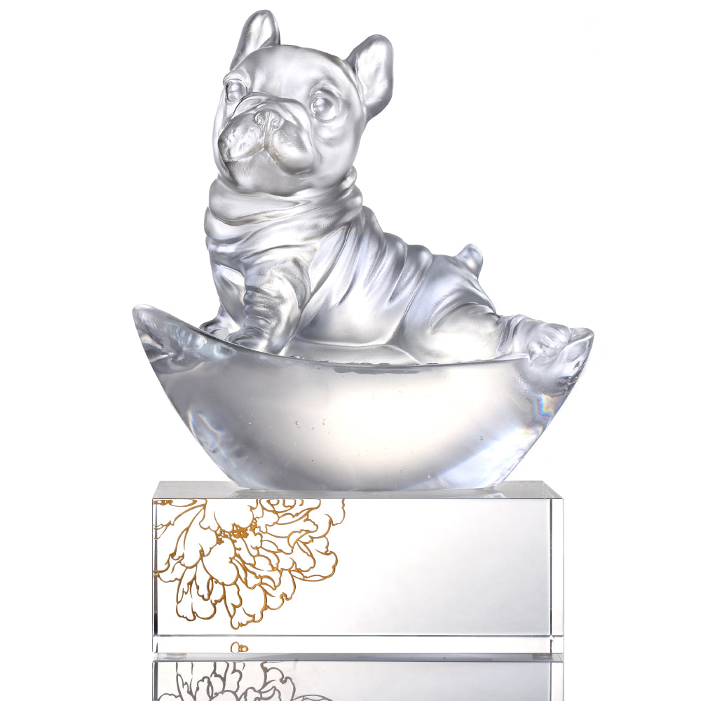 Crystal Animal, Dog, - Heads Up! (Exclusive U.S. Edition with Gilded Peony Display Base) - LIULI Crystal Art