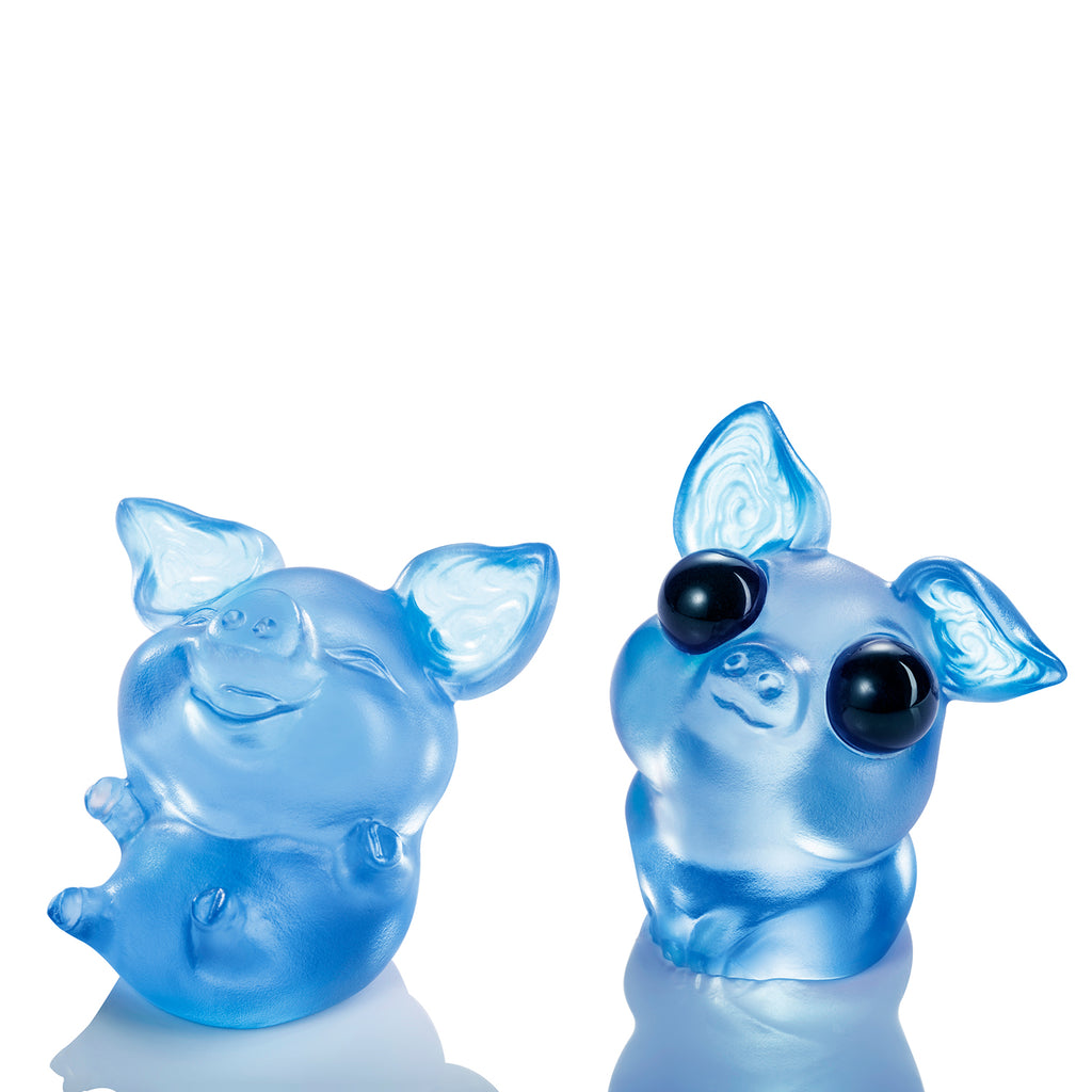 LIULI Chinese Year of the Pig Crystal Sculpture, One and the Same- Happy Go Lucky - LIULI Crystal Art