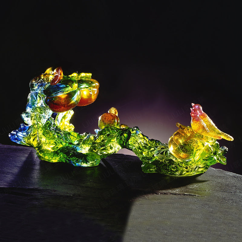 '- DISCONTINUED - Lovely Bird with Ruyi Figurine (Double Happiness) - "Great Happiness" - LIULI Crystal Art