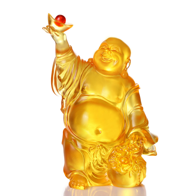 LIULI Crystal Sculpture Happy Laughing Buddha, Golden Ingot - LIULI Crystal Art