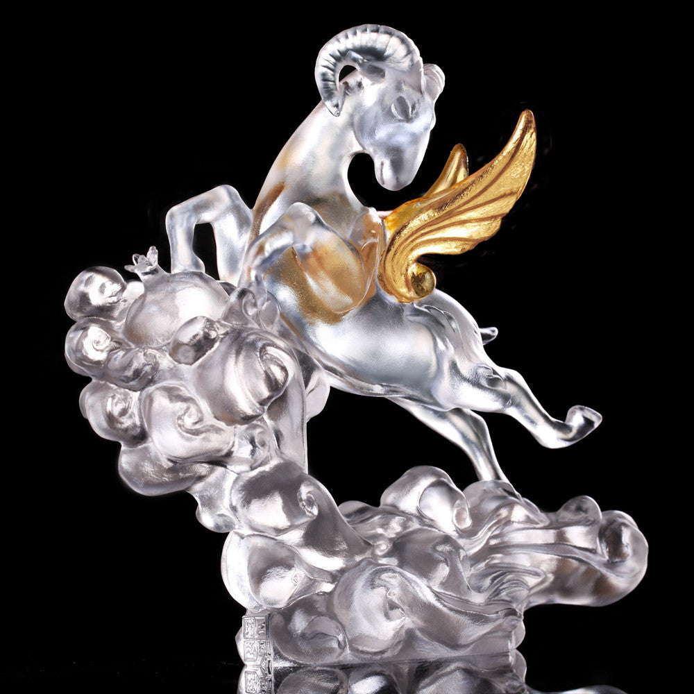 Crystal Sheep Figurine (Success) - "Frolicking Through the Heavens" (Gold Leaf) - LIULI Crystal Art