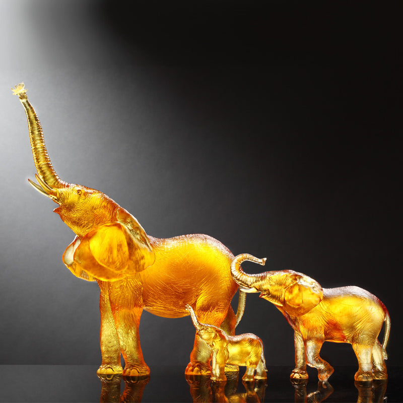 Crystal Animal, Elephant, Golden Life Power (Set of 3) - LIULI Crystal Art