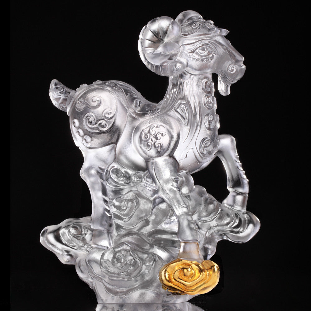 Crystal Sheep Figurine (Favorable) - "Traipsing Across Clouds" (Gold Leaf Edition) - LIULI Crystal Art