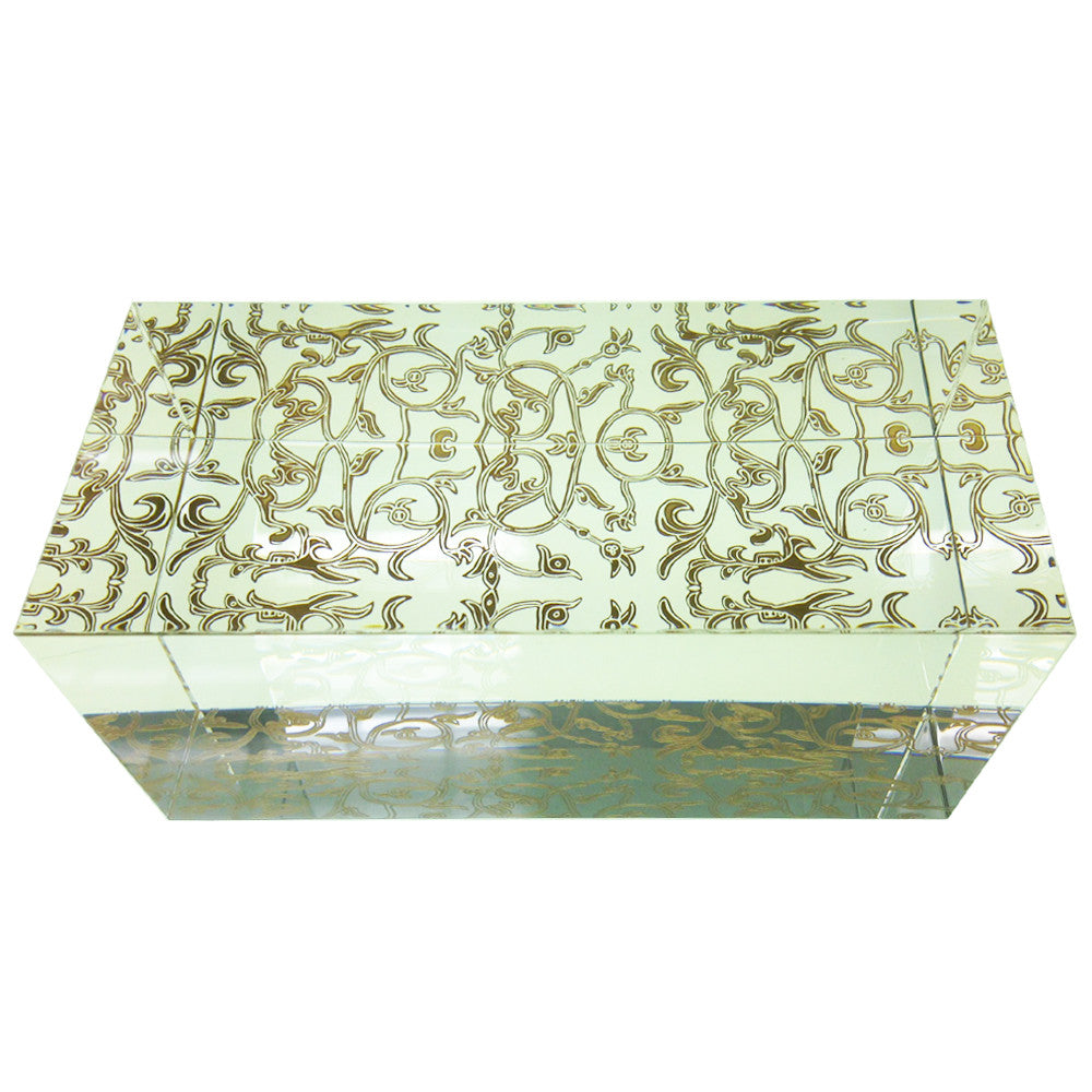 '-- DELETE -- Crystal Display Base: 3.00"L x 6.75"W x 3.00"H (Clear with Gold Floral Pattern) - LIULI Crystal Art