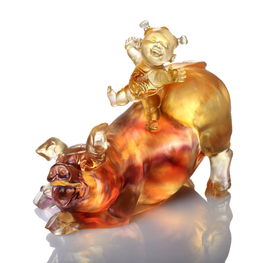 Crystal Animal, Baby Doll Riding Pig, Happy Together - LIULI Crystal Art
