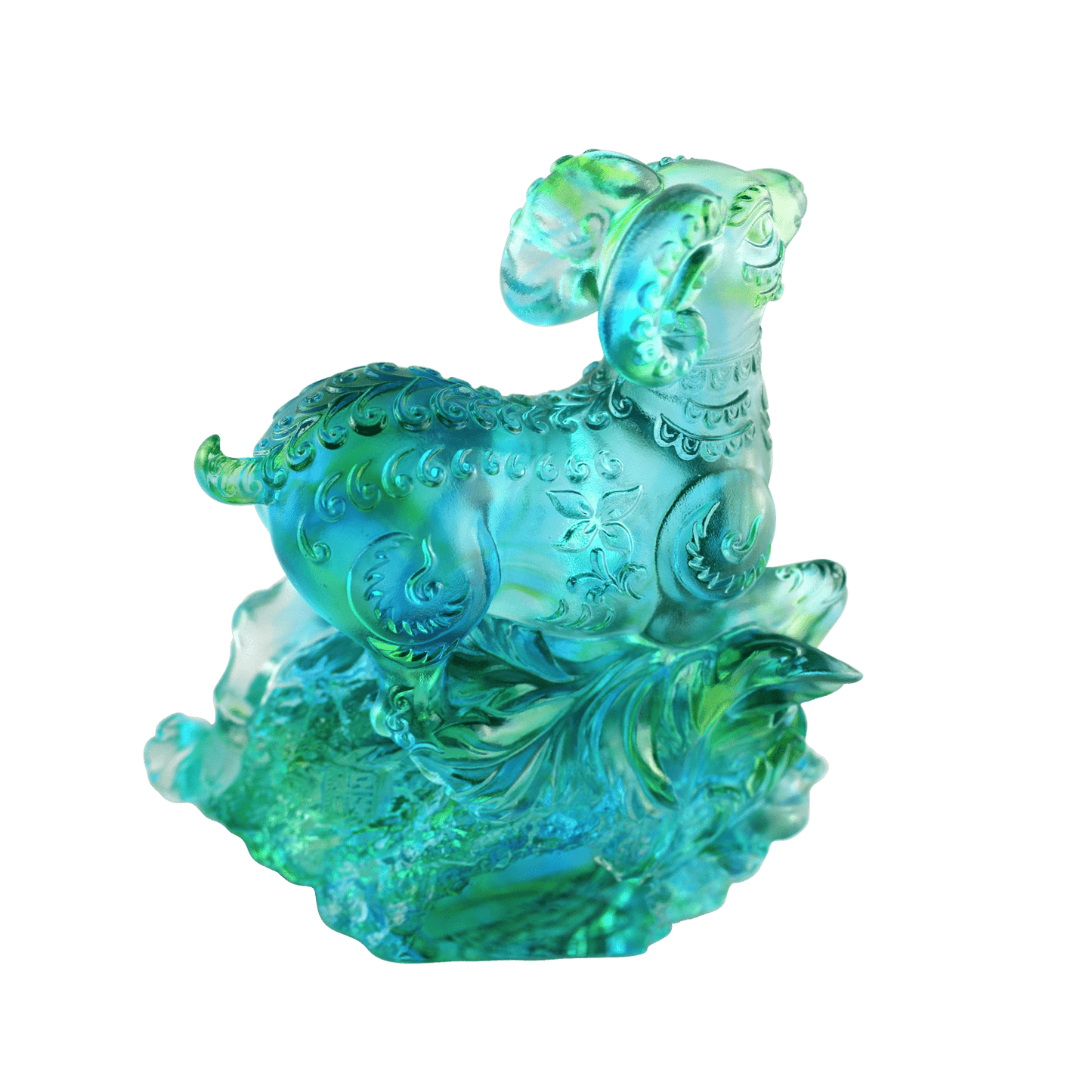 Crystal Animal, Zodiac, Ram, Sheep, Goat, Auspicious Flowers - LIULI Crystal Art