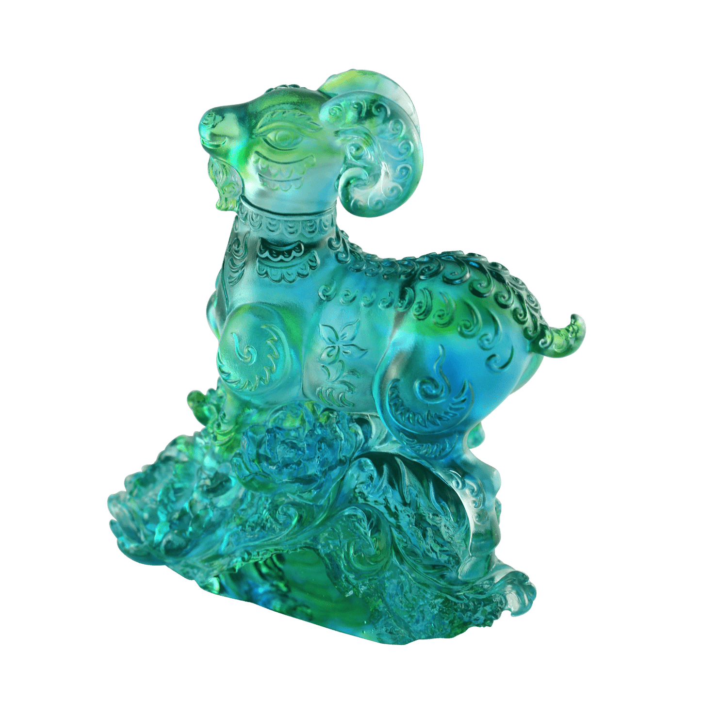 Crystal Animal, Zodiac, Ram, Sheep, Goat, Auspicious Flowers - LIULI Crystal Art