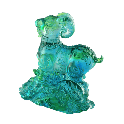 Crystal Animal, Zodiac, Ram, Sheep, Goat, Auspicious Flowers - LIULI Crystal Art
