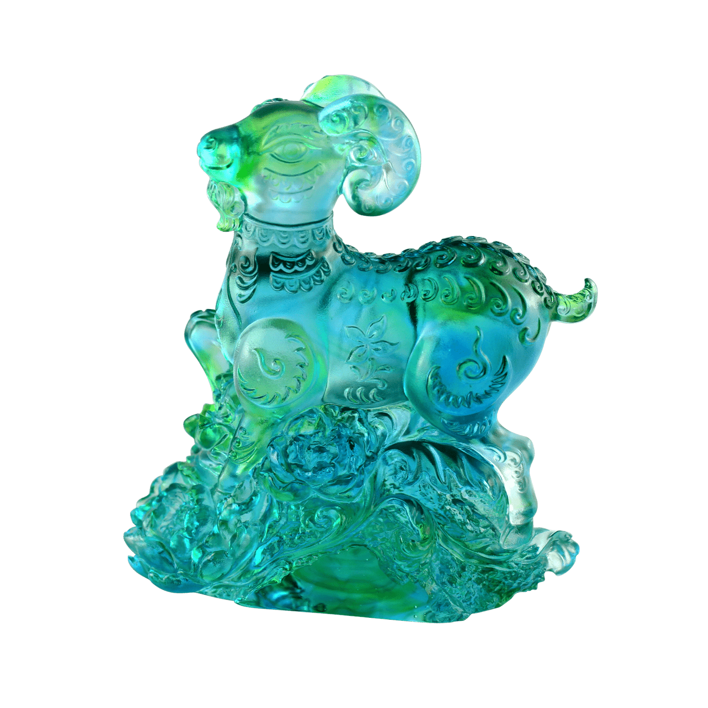 Crystal Animal, Zodiac, Ram, Sheep, Goat, Auspicious Flowers - LIULI Crystal Art