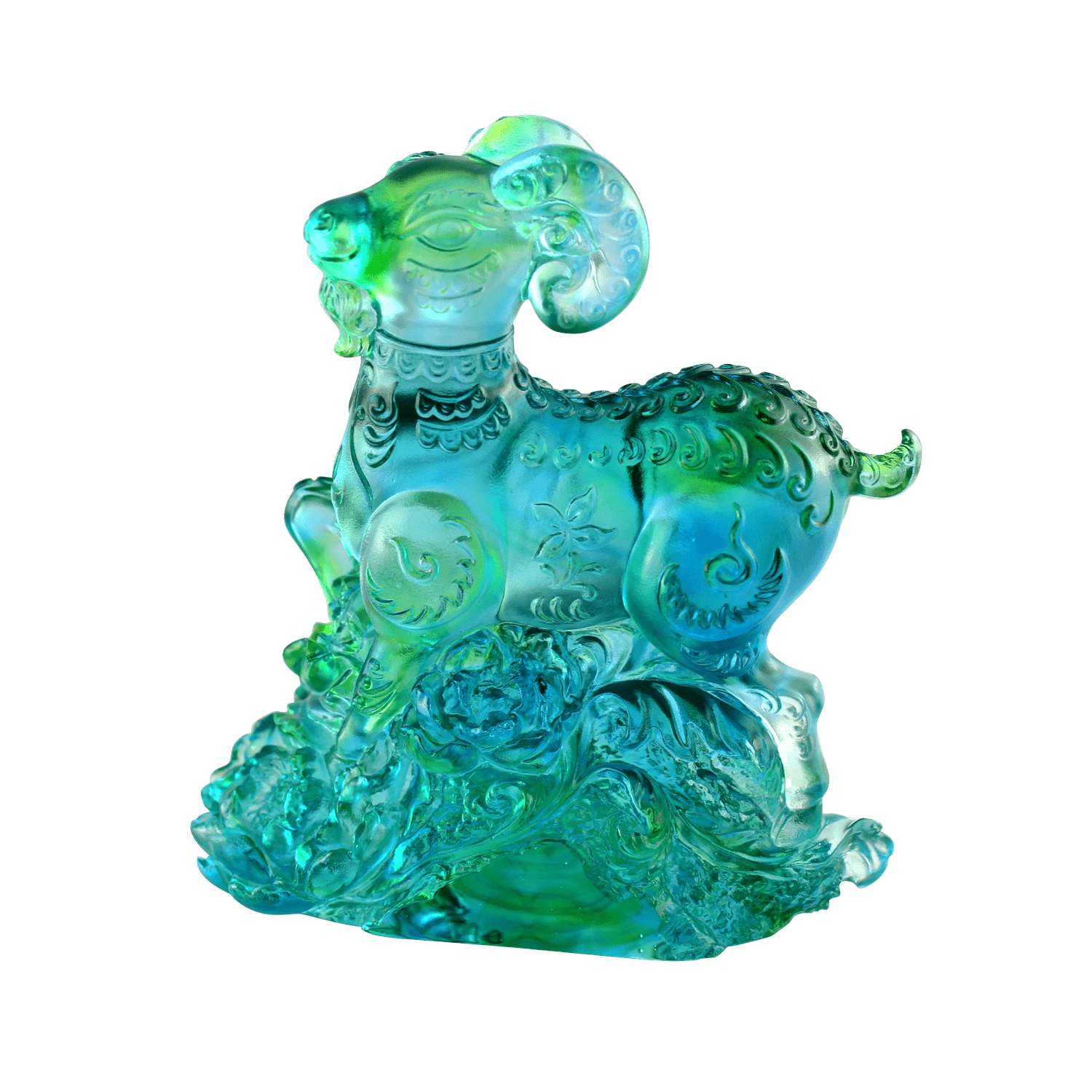 Crystal Animal, Zodiac, Ram, Sheep, Goat, Auspicious Flowers - LIULI Crystal Art