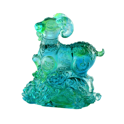 Crystal Animal, Zodiac, Ram, Sheep, Goat, Auspicious Flowers - LIULI Crystal Art
