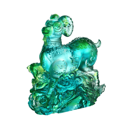 Crystal Animal, Zodiac, Ram, Sheep, Goat, Auspicious Flowers - LIULI Crystal Art