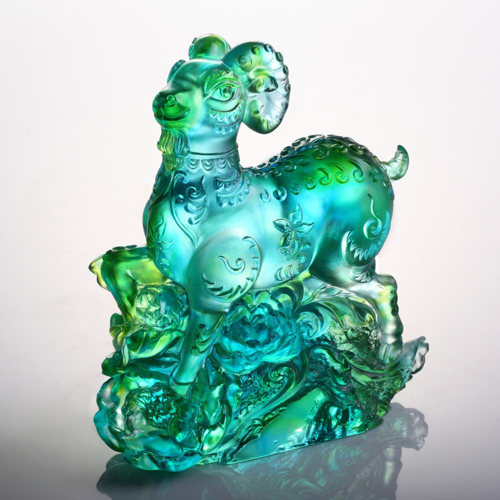 Crystal Animal, Zodiac, Ram, Sheep, Goat, Auspicious Flowers - LIULI Crystal Art