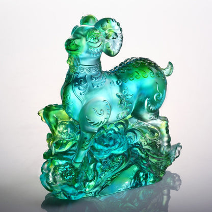Crystal Animal, Zodiac, Ram, Sheep, Goat, Auspicious Flowers - LIULI Crystal Art