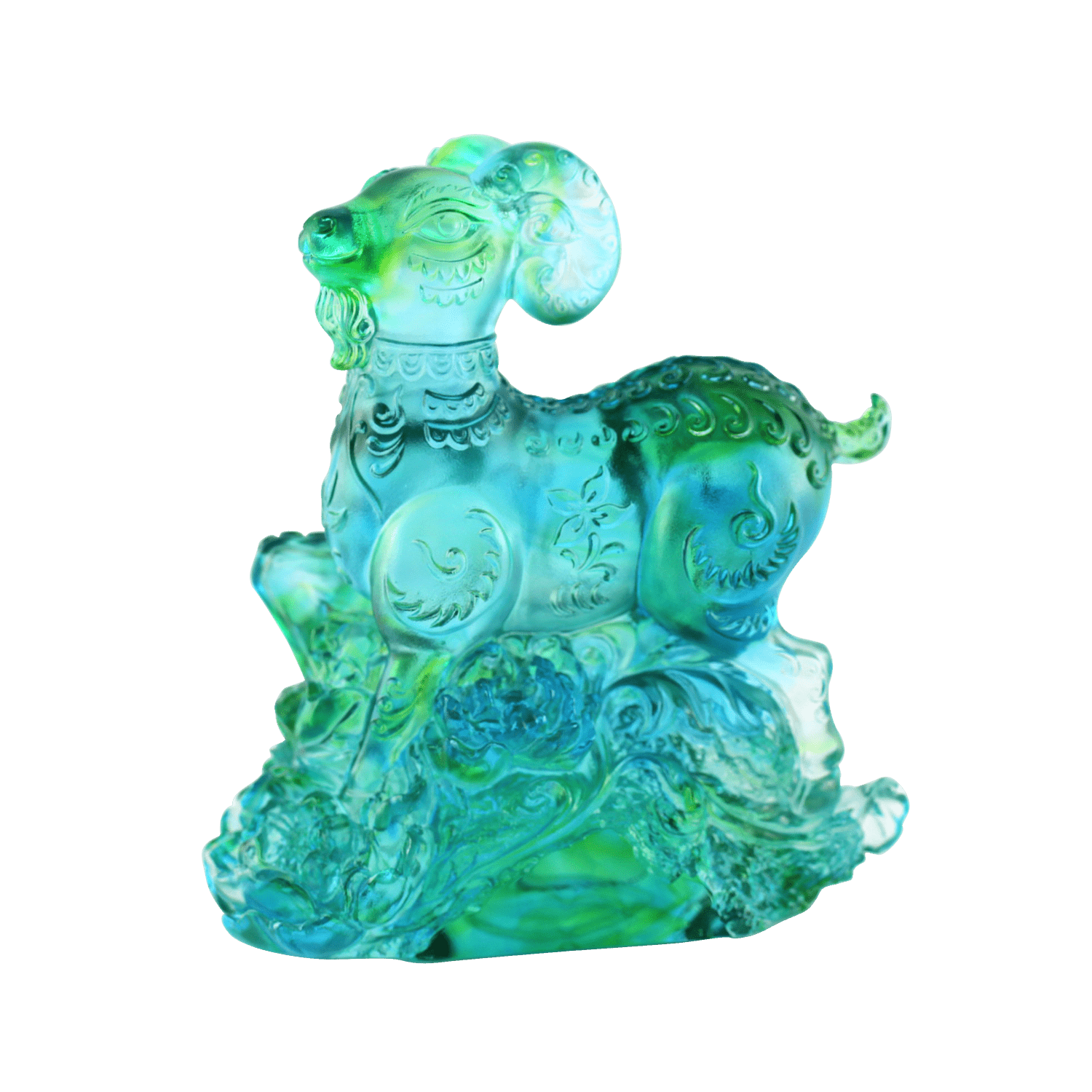 Crystal Animal, Zodiac, Ram, Sheep, Goat, Auspicious Flowers - LIULI Crystal Art