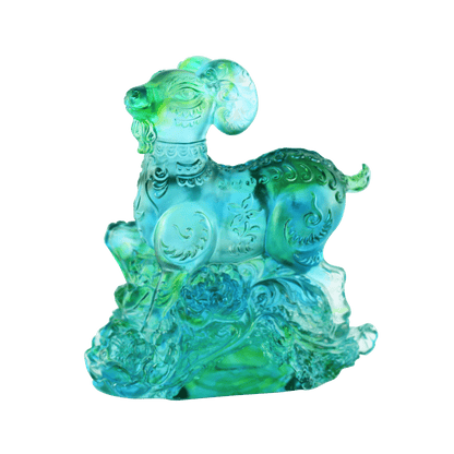 Crystal Animal, Zodiac, Ram, Sheep, Goat, Auspicious Flowers - LIULI Crystal Art