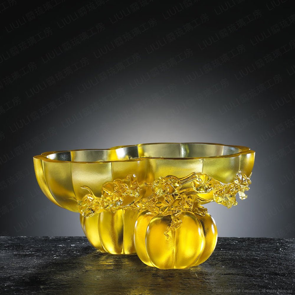 Crystal Bowl With Squash Shape, Golden Gourds of Fortune - LIULI Crystal Art