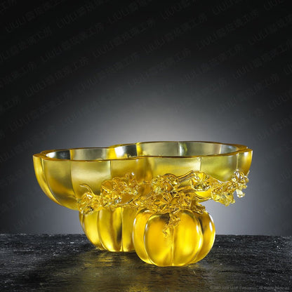 Crystal Bowl With Squash Shape, Golden Gourds of Fortune - LIULI Crystal Art