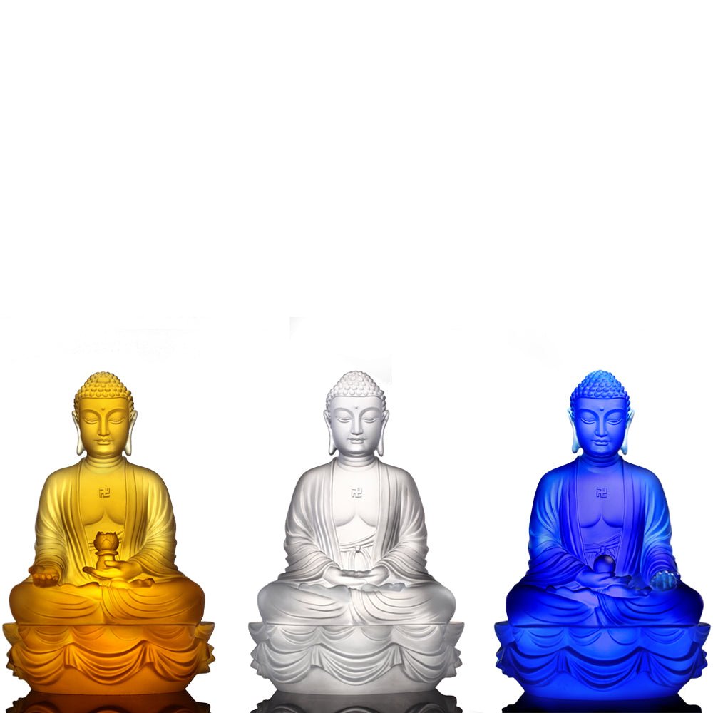 Crystal Buddha, Amitabha, Shakyamuni, Medicine, Present Mindfulness (Set of 3) - LIULI Crystal Art