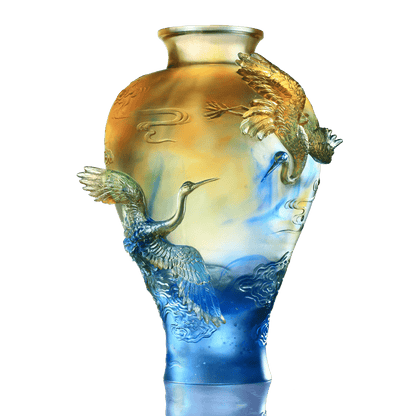 Crystal Floral Vase, Crane, Flight of Legacy - LIULI Crystal Art