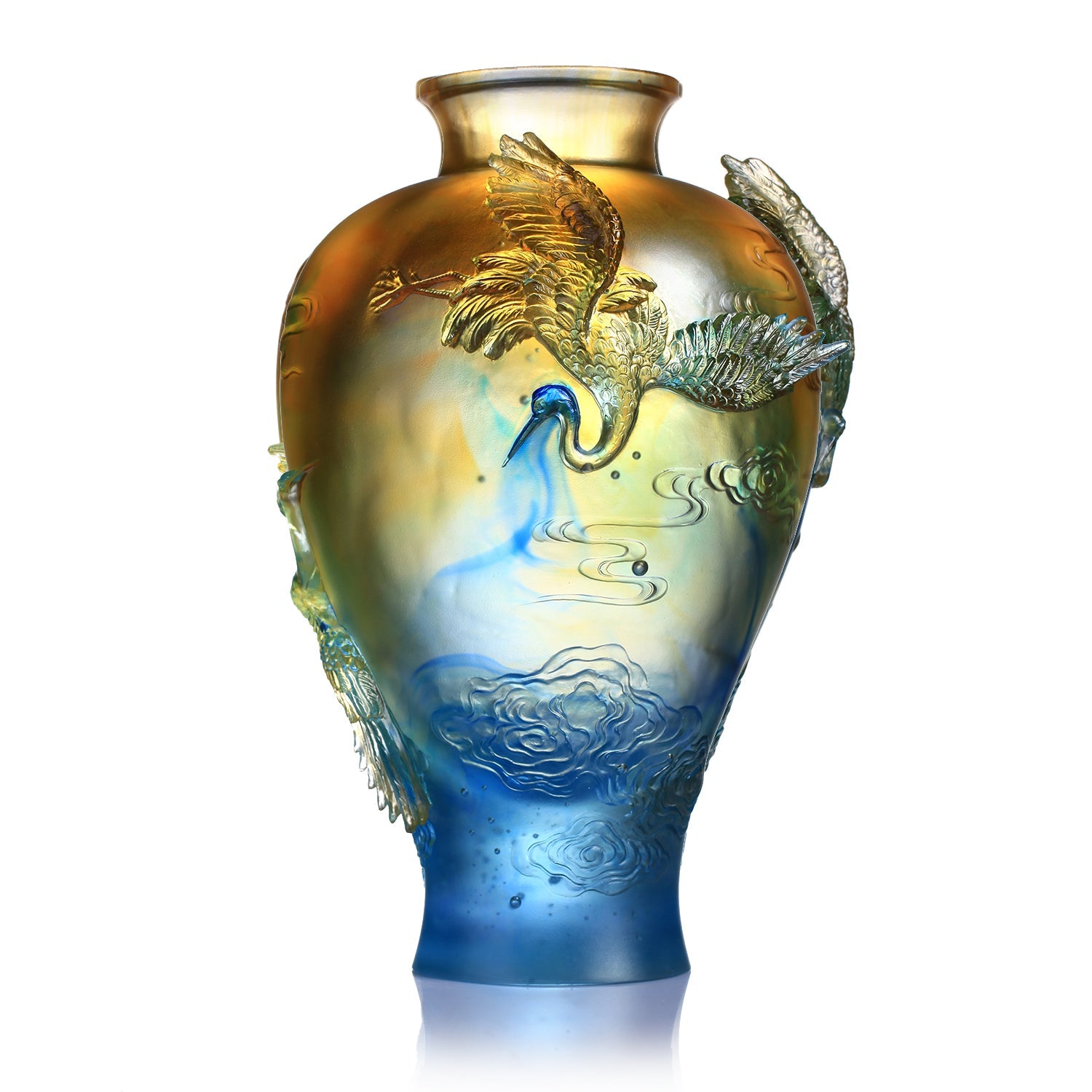 Crystal Floral Vase, Crane, Flight of Legacy - LIULI Crystal Art