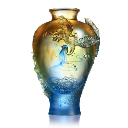 Crystal Floral Vase, Crane, Flight of Legacy - LIULI Crystal Art