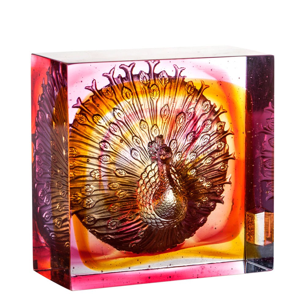 Crystal Paperweight, Peacock, A Radiant Heart - LIULI Crystal Art