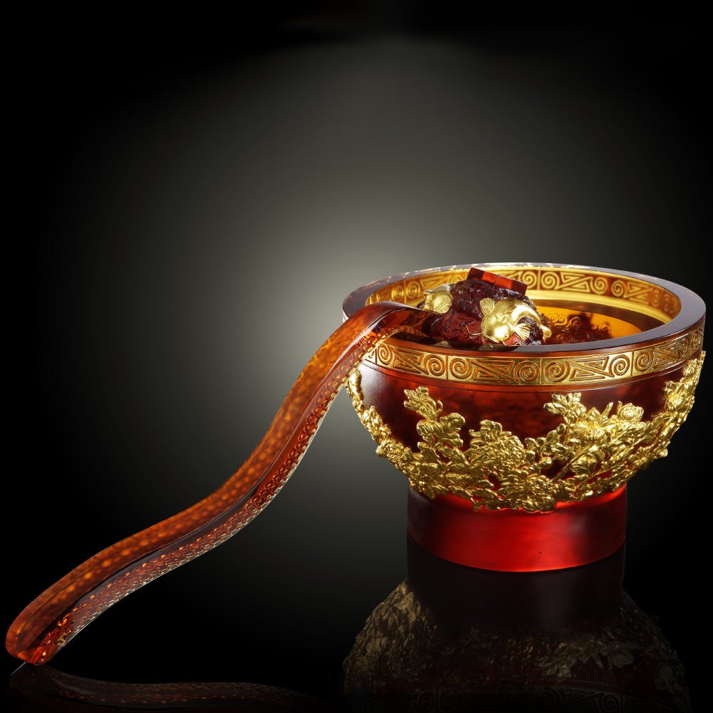 '-- DELETE -- Crystal Vessel, Harmonious Realization-Scoop of Moon, 24K Gold Plated Bowl with Ruyi Scoop - LIULI Crystal Art