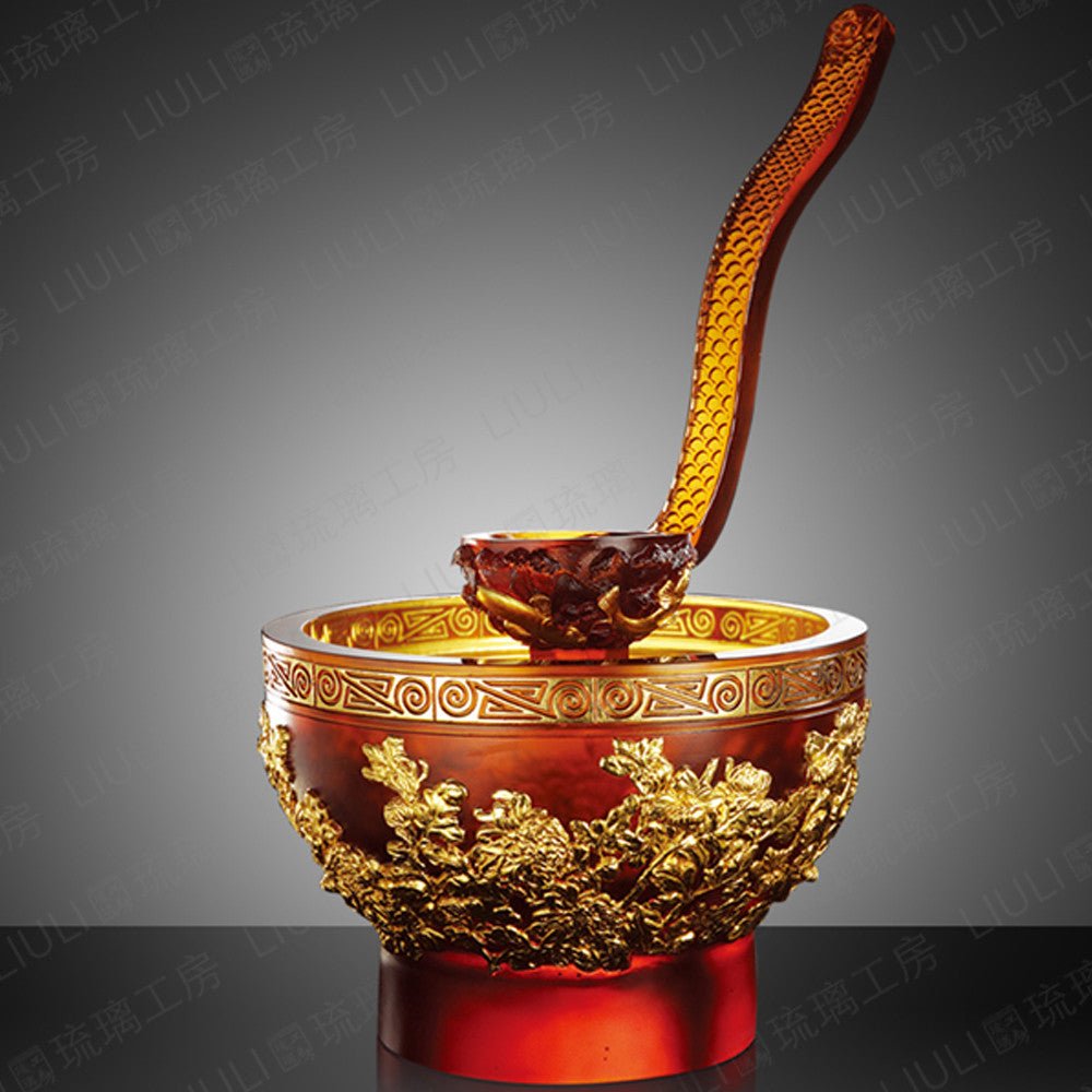 '-- DELETE -- Crystal Vessel, Harmonious Realization-Scoop of Moon, 24K Gold Plated Bowl with Ruyi Scoop - LIULI Crystal Art