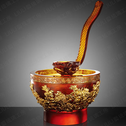 '-- DELETE -- Crystal Vessel, Harmonious Realization-Scoop of Moon, 24K Gold Plated Bowl with Ruyi Scoop - LIULI Crystal Art