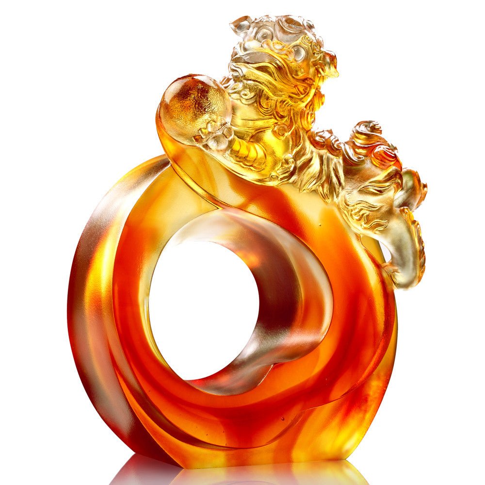 Crystal Mythical Creature, Foo Dog, Fu Dog, Guardian Lion, Frolicking Lion Welcomes Auspiciousness - LIULI Crystal Art