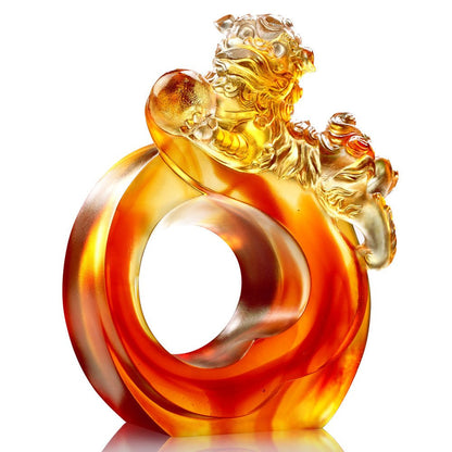 Crystal Mythical Creature, Foo Dog, Fu Dog, Guardian Lion, Frolicking Lion Welcomes Auspiciousness - LIULI Crystal Art
