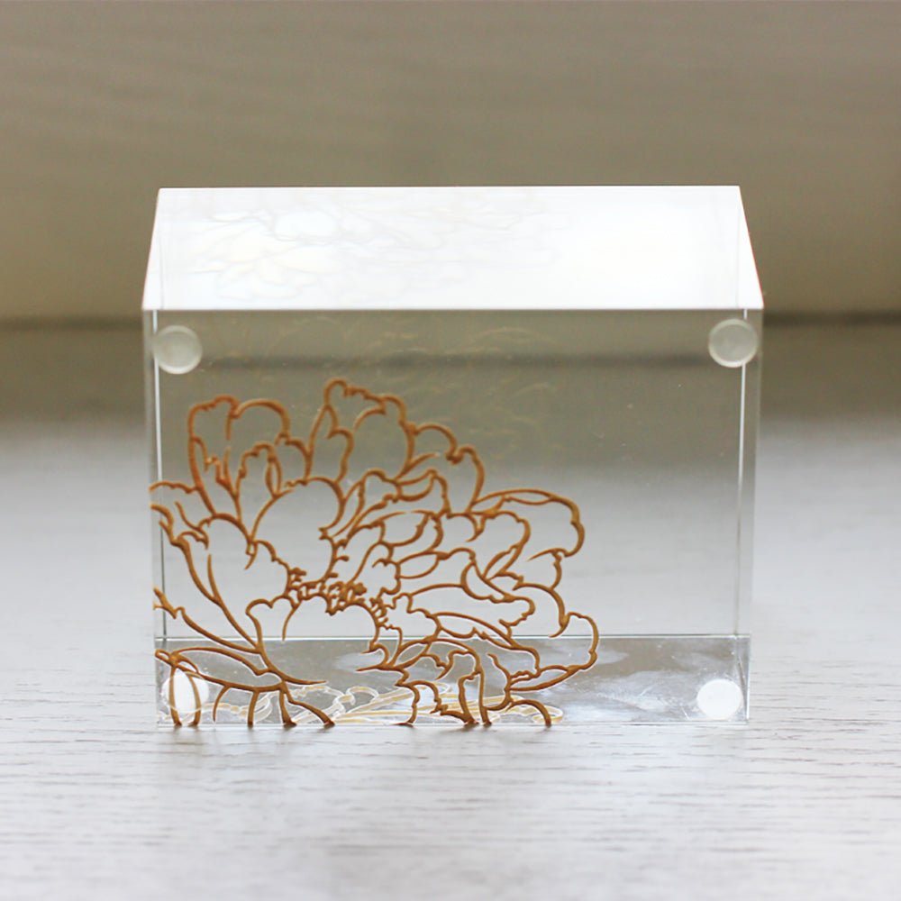 '-- DELETE -- Crystal Display Base: Clear with Peony Engraving - LIULI Crystal Art