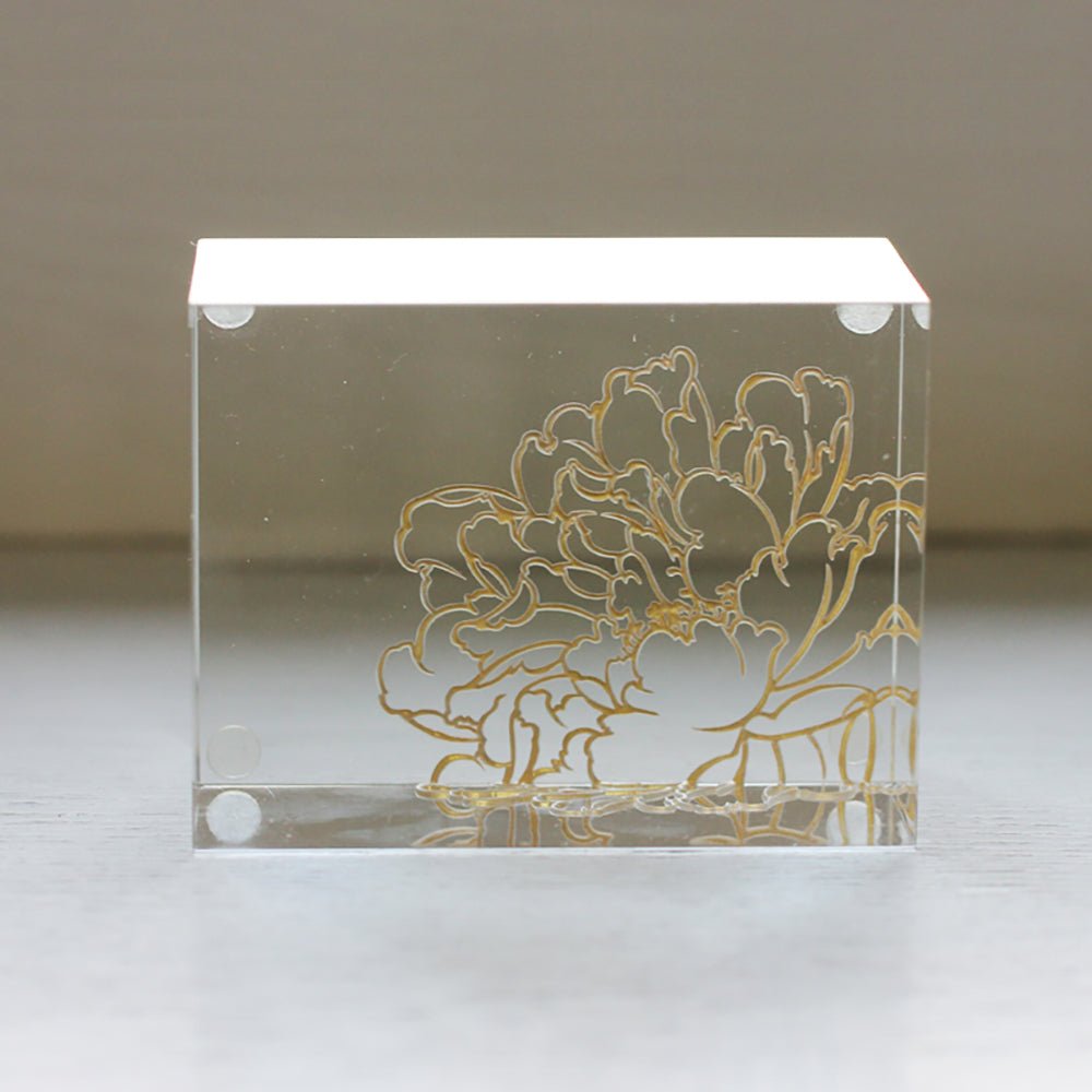 '-- DELETE -- Crystal Display Base: Clear with Peony Engraving - LIULI Crystal Art