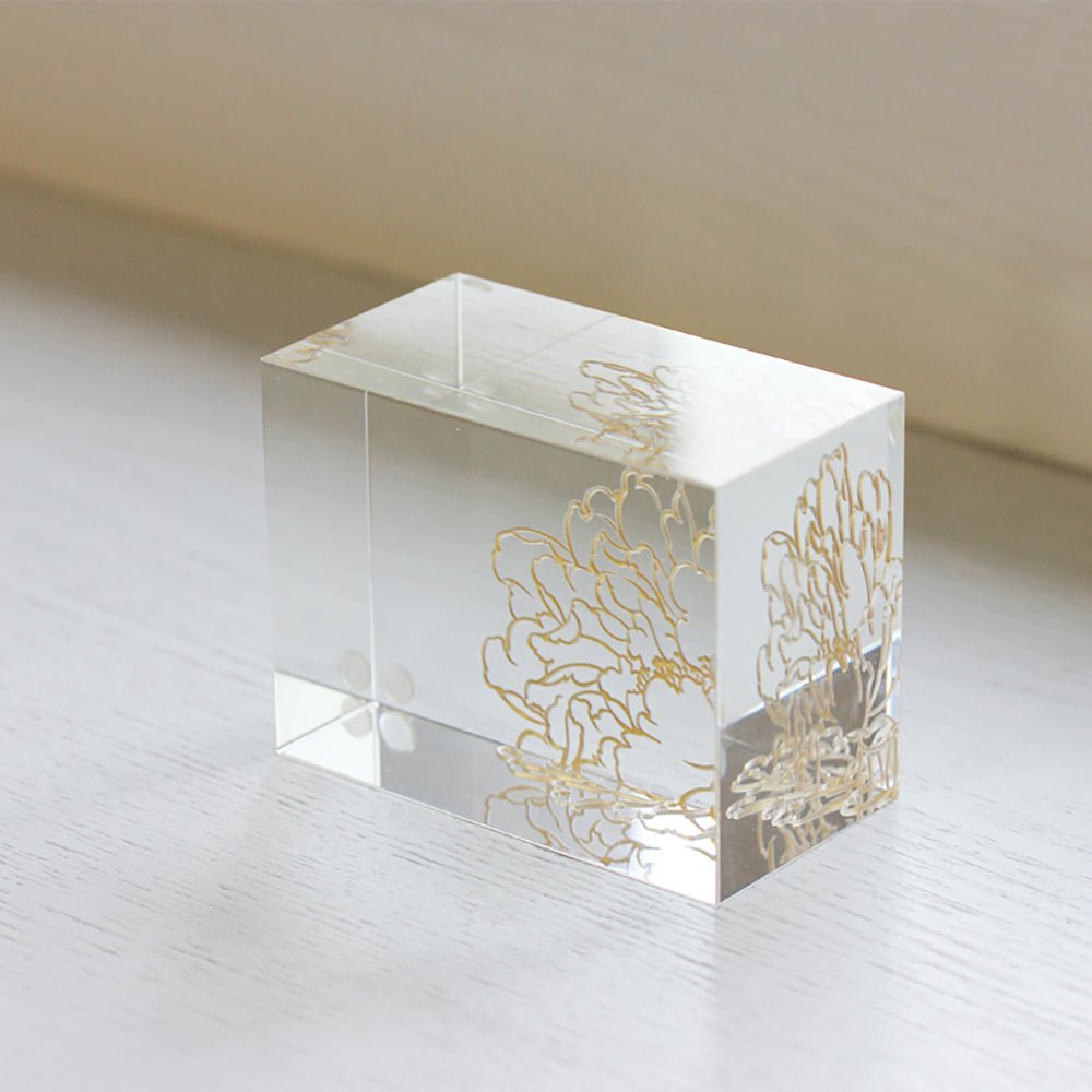 '-- DELETE -- Crystal Display Base: Clear with Peony Engraving - LIULI Crystal Art