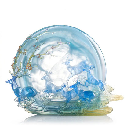 LIULI Crystal Deer Sculpture Song of Triumph (Amber / Sky Blue)