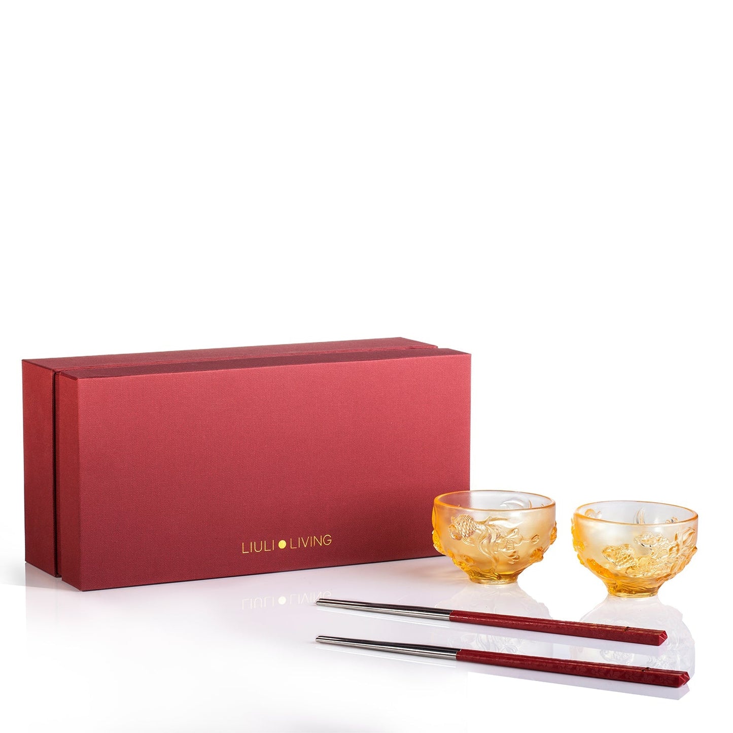 LIULI Crystal Goldfish Bowl, Peony Chopsticks Set, The Joy of Fish - LIULI Crystal Art