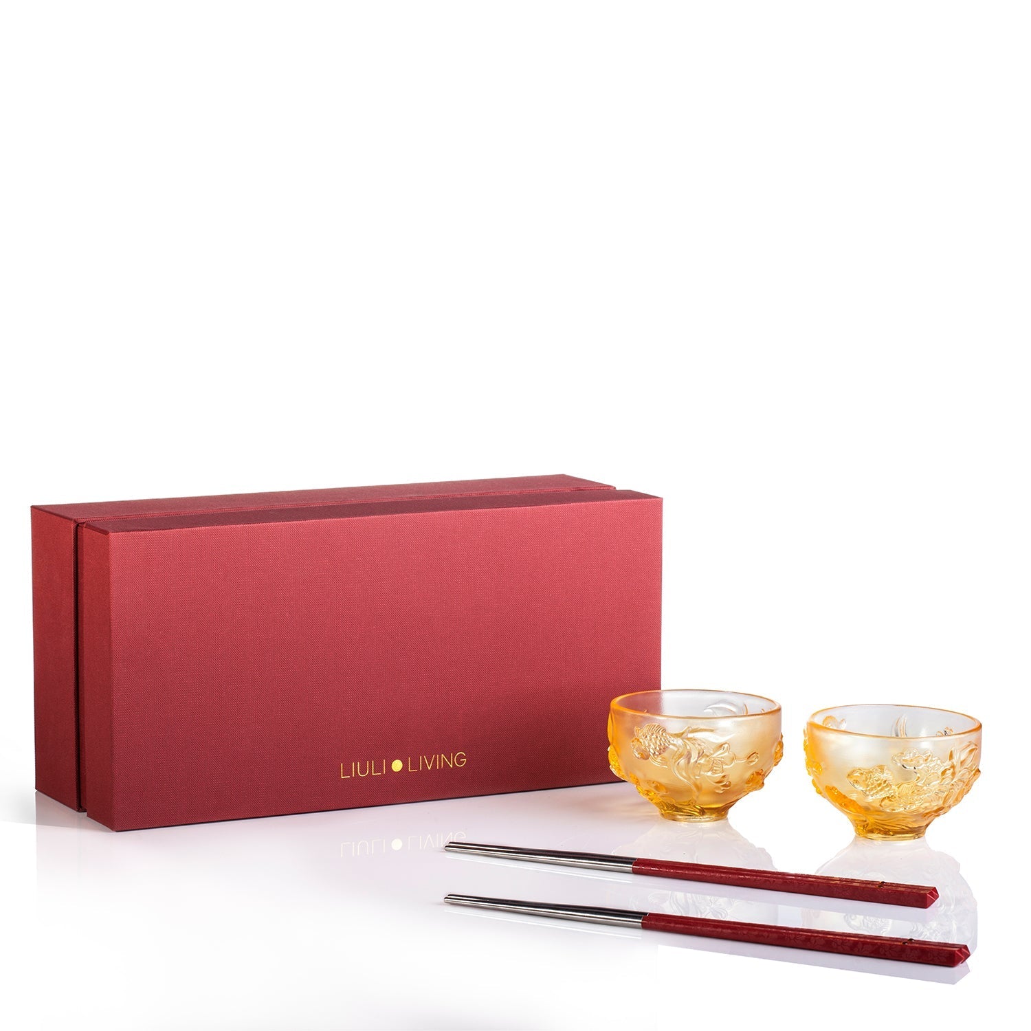 LIULI Crystal Goldfish Bowl, Peony Chopsticks Set, The Joy of Fish - LIULI Crystal Art