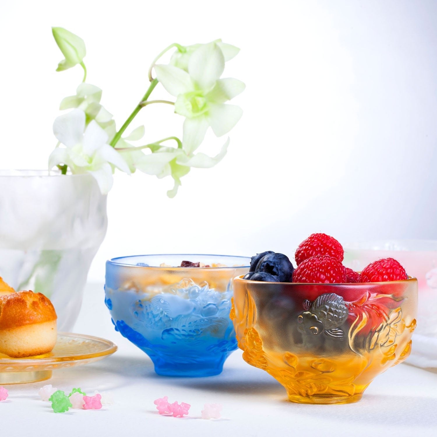 LIULI Crystal Goldfish Bowl, Peony Chopsticks Set, The Joy of Fish - LIULI Crystal Art
